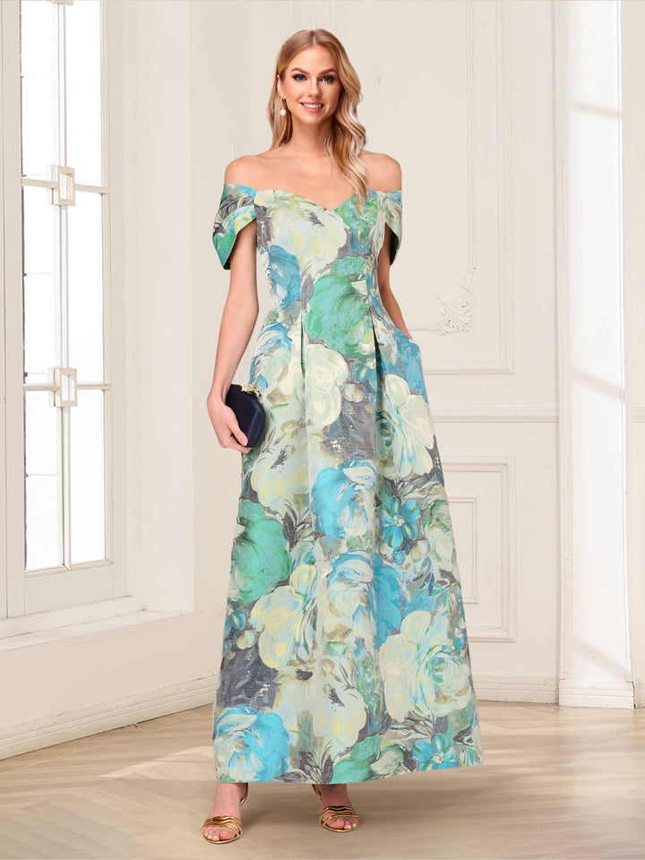 A-Line/Princess Off-the-Shoulder Short Sleeves Ankle-Length Mother of the Bride Dresses with Pockets &amp; Floral Pirnted