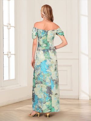 A-Line/Princess Off-the-Shoulder Short Sleeves Ankle-Length Mother of the Bride Dresses with Pockets & Floral Pirnted