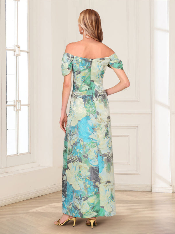 A-Line/Princess Off-the-Shoulder Short Sleeves Ankle-Length Mother of the Bride Dresses with Pockets & Floral Pirnted