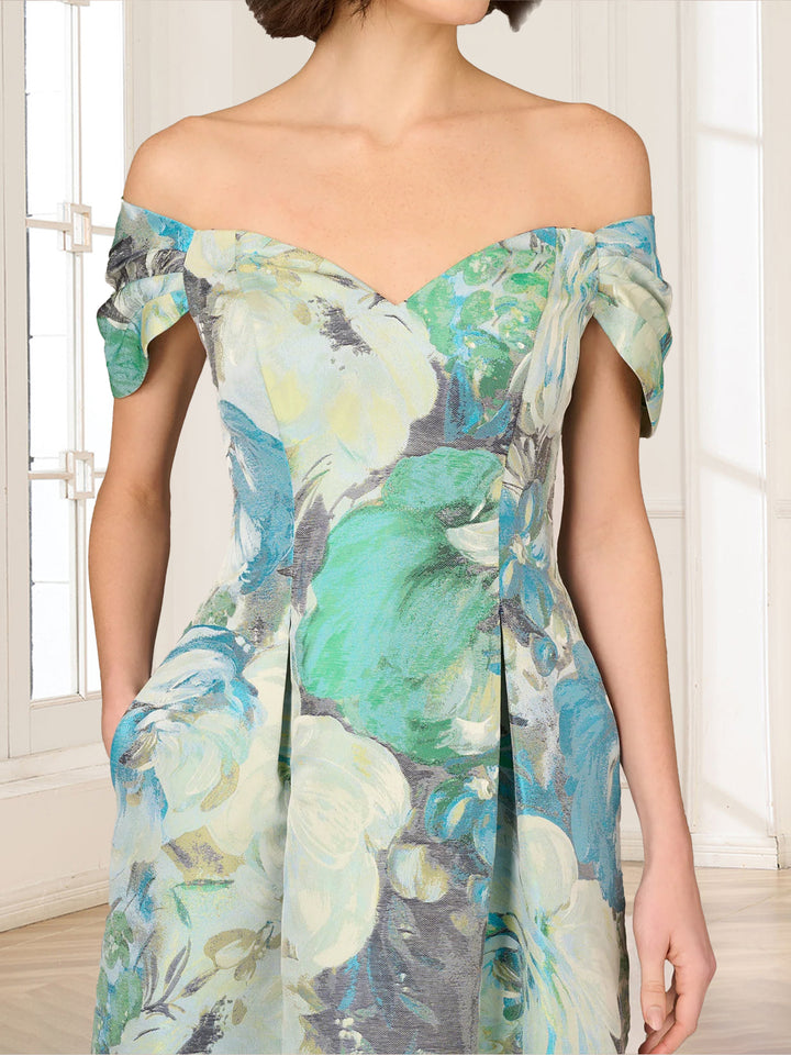 A-Line/Princess Off-the-Shoulder Short Sleeves Ankle-Length Mother of the Bride Dresses with Pockets &amp; Floral Pirnted