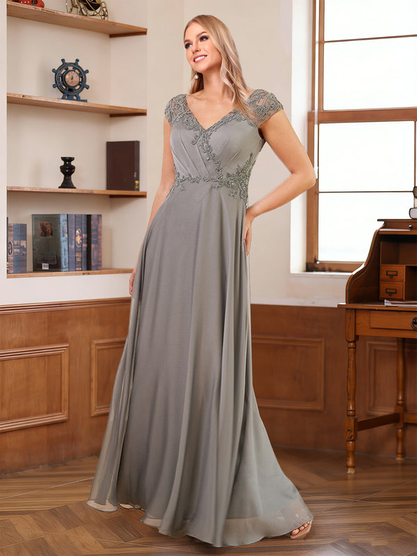 A-Line/Princess V-Neck Short Sleeves Floor-Length Mother of the Bride Dresses with Lace & Applique