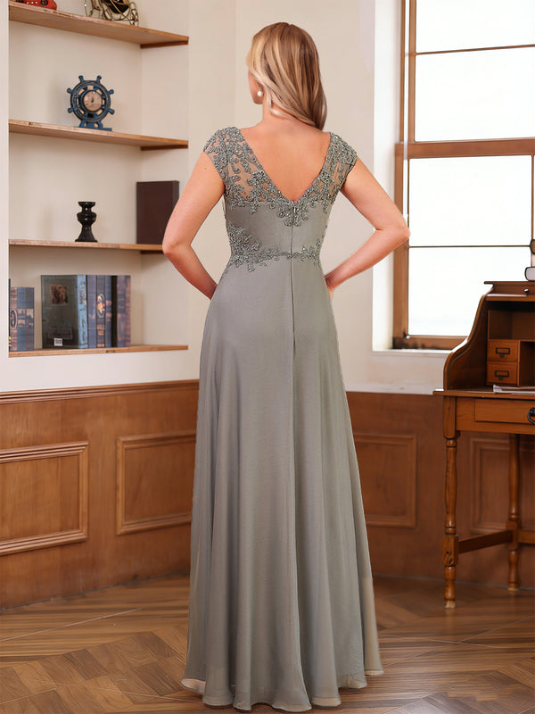 A-Line/Princess V-Neck Short Sleeves Floor-Length Mother of the Bride Dresses with Lace & Applique