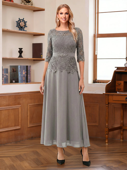 A-Line/Princess Scoop 3/4 Sleeves Ankle-Length Mother of the Bride Dress With Lace & Sash