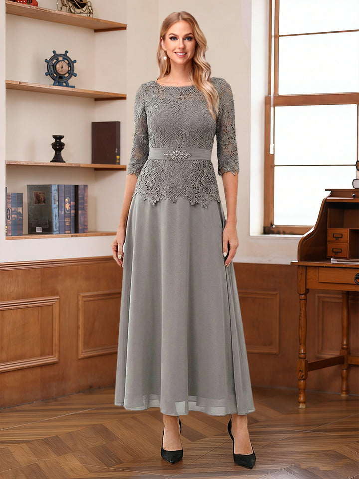A-Line/Princess Scoop 3/4 Sleeves Ankle-Length Mother of the Bride Dress With Lace &amp; Sash