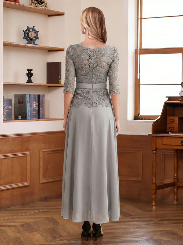 A-Line/Princess Scoop 3/4 Sleeves Ankle-Length Mother of the Bride Dress With Lace & Sash