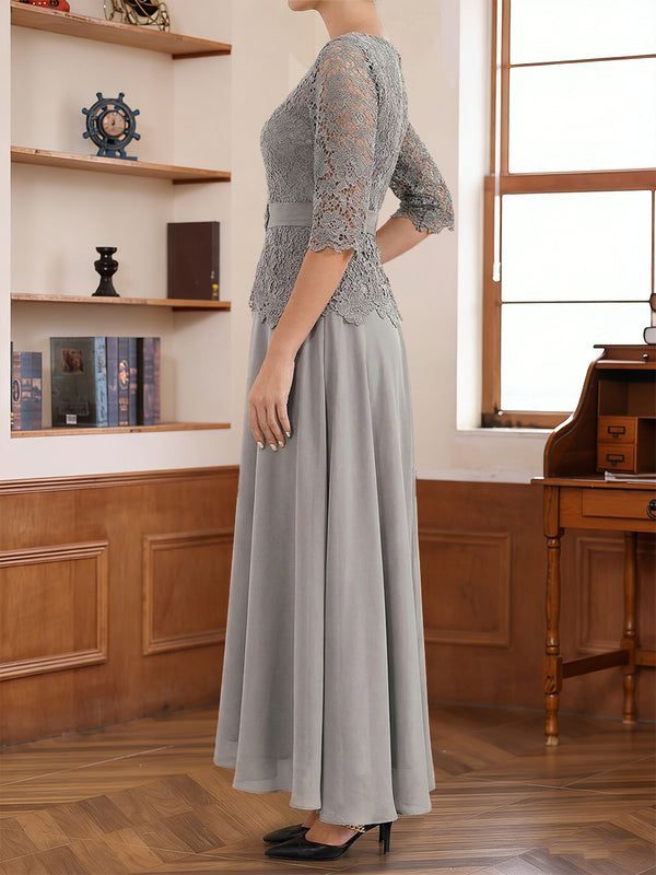 A-Line/Princess Scoop 3/4 Sleeves Ankle-Length Mother of the Bride Dress With Lace & Sash