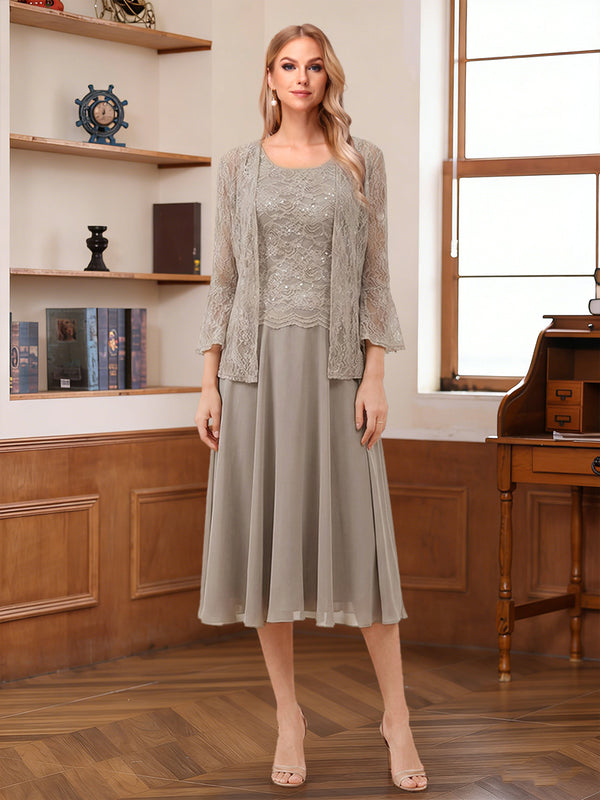 A-Line/Princess Scoop Sleeveless Tea-Length Mother of the Bride Dresses with Lace & Jacket