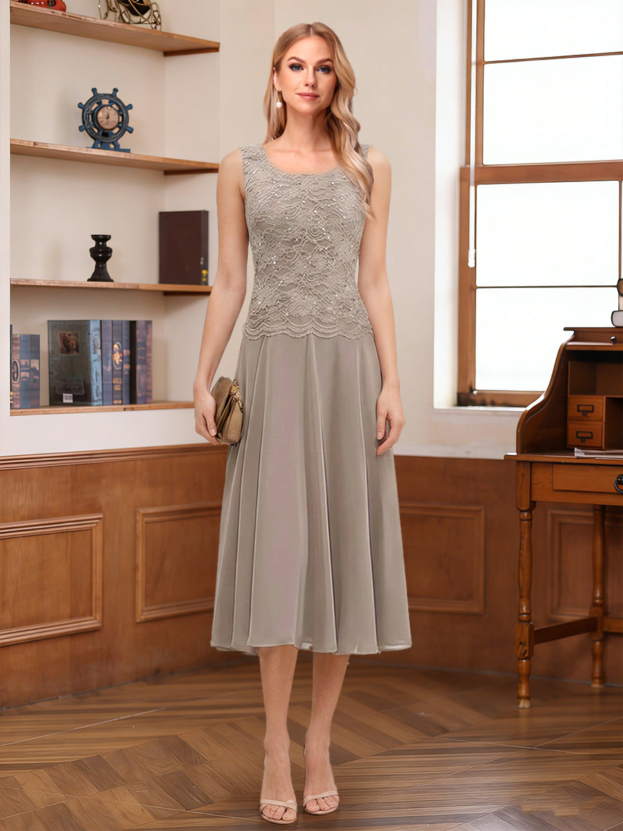 A-Line/Princess Scoop Sleeveless Tea-Length Mother of the Bride Dresses with Lace &amp; Jacket