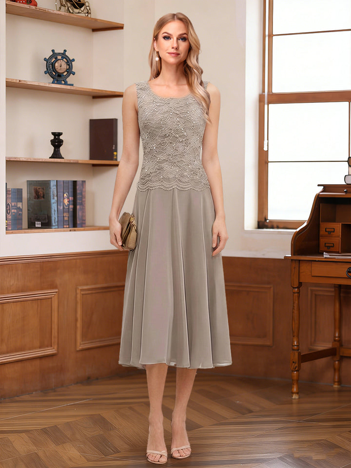A-Line/Princess Scoop Sleeveless Tea-Length Mother of the Bride Dresses with Lace &amp; Jacket