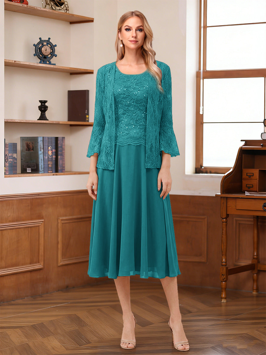 A-Line/Princess Scoop Sleeveless Tea-Length Mother of the Bride Dresses with Lace &amp; Jacket