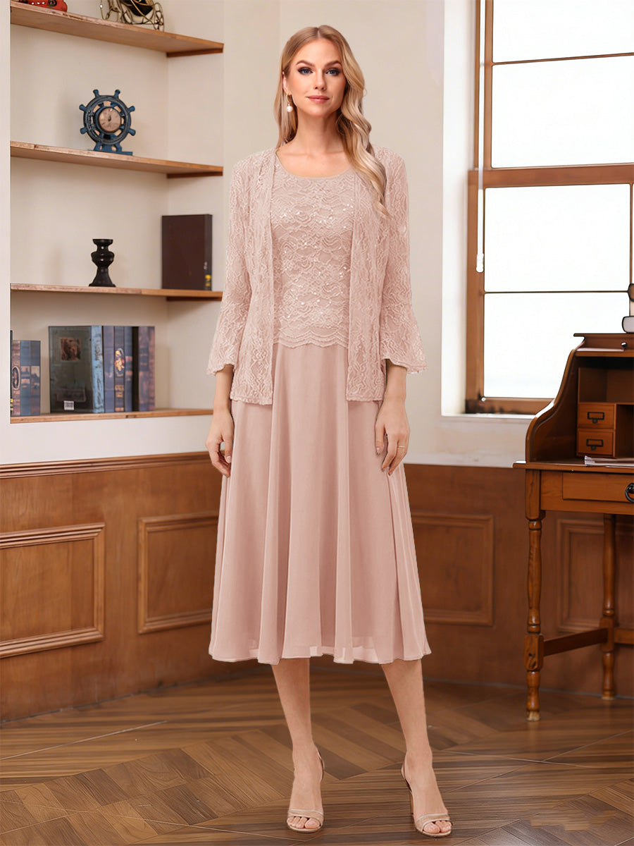 A-Line/Princess Scoop Sleeveless Tea-Length Mother of the Bride Dresses with Lace &amp; Jacket