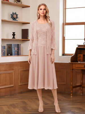A-Line/Princess Scoop Sleeveless Tea-Length Mother of the Bride Dresses with Lace & Jacket