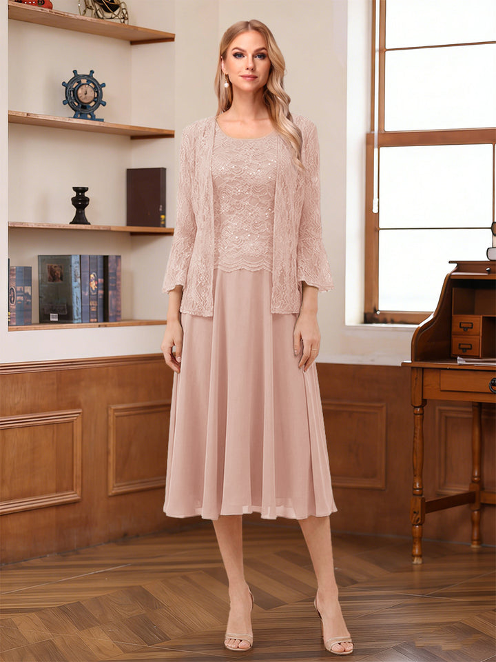 A-Line/Princess Scoop Sleeveless Tea-Length Mother of the Bride Dresses with Lace &amp; Jacket
