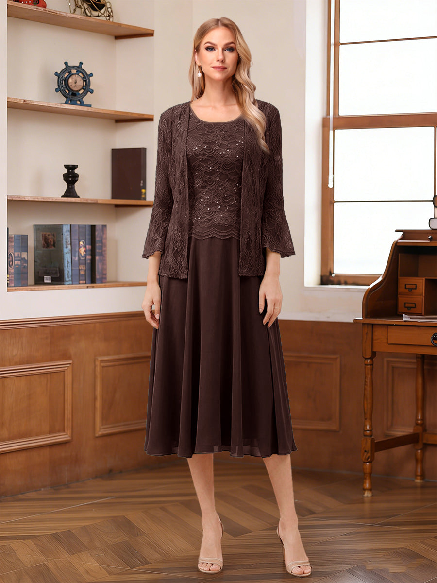 A-Line/Princess Scoop Sleeveless Tea-Length Mother of the Bride Dresses with Lace &amp; Jacket