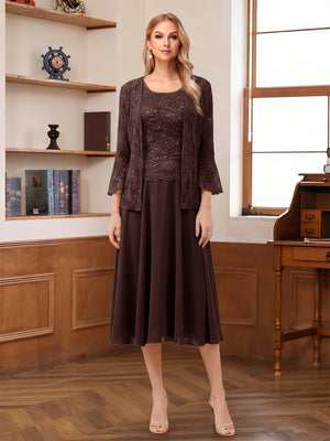 A-Line/Princess Scoop Sleeveless Tea-Length Mother of the Bride Dresses with Lace & Jacket