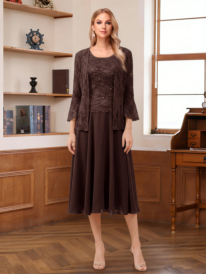 A-Line/Princess Scoop Sleeveless Tea-Length Mother of the Bride Dresses with Lace &amp; Jacket