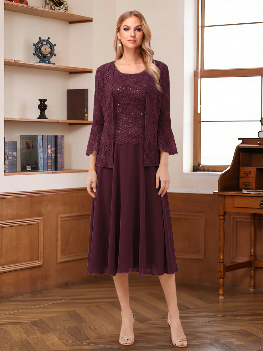 A-Line/Princess Scoop Sleeveless Tea-Length Mother of the Bride Dresses with Lace &amp; Jacket