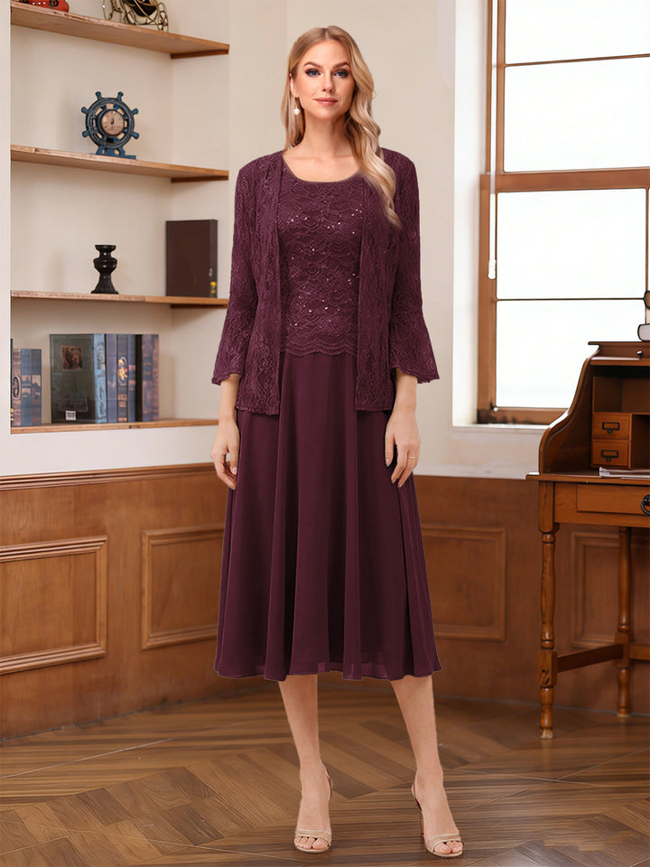 A-Line/Princess Scoop Sleeveless Tea-Length Mother of the Bride Dresses with Lace &amp; Jacket