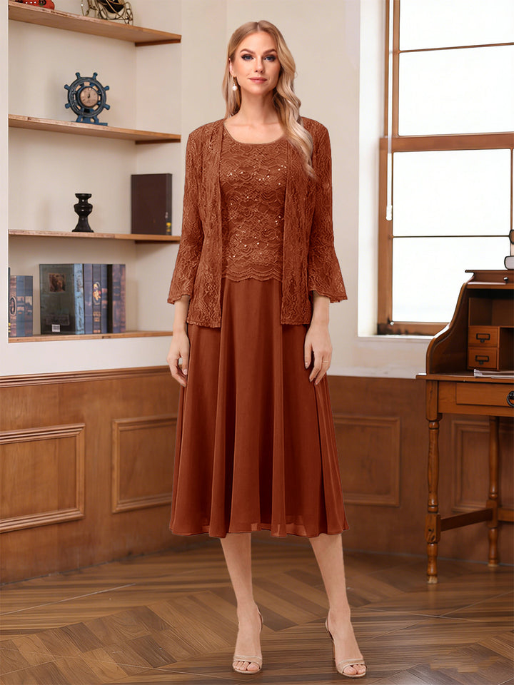 A-Line/Princess Scoop Sleeveless Tea-Length Mother of the Bride Dresses with Lace &amp; Jacket