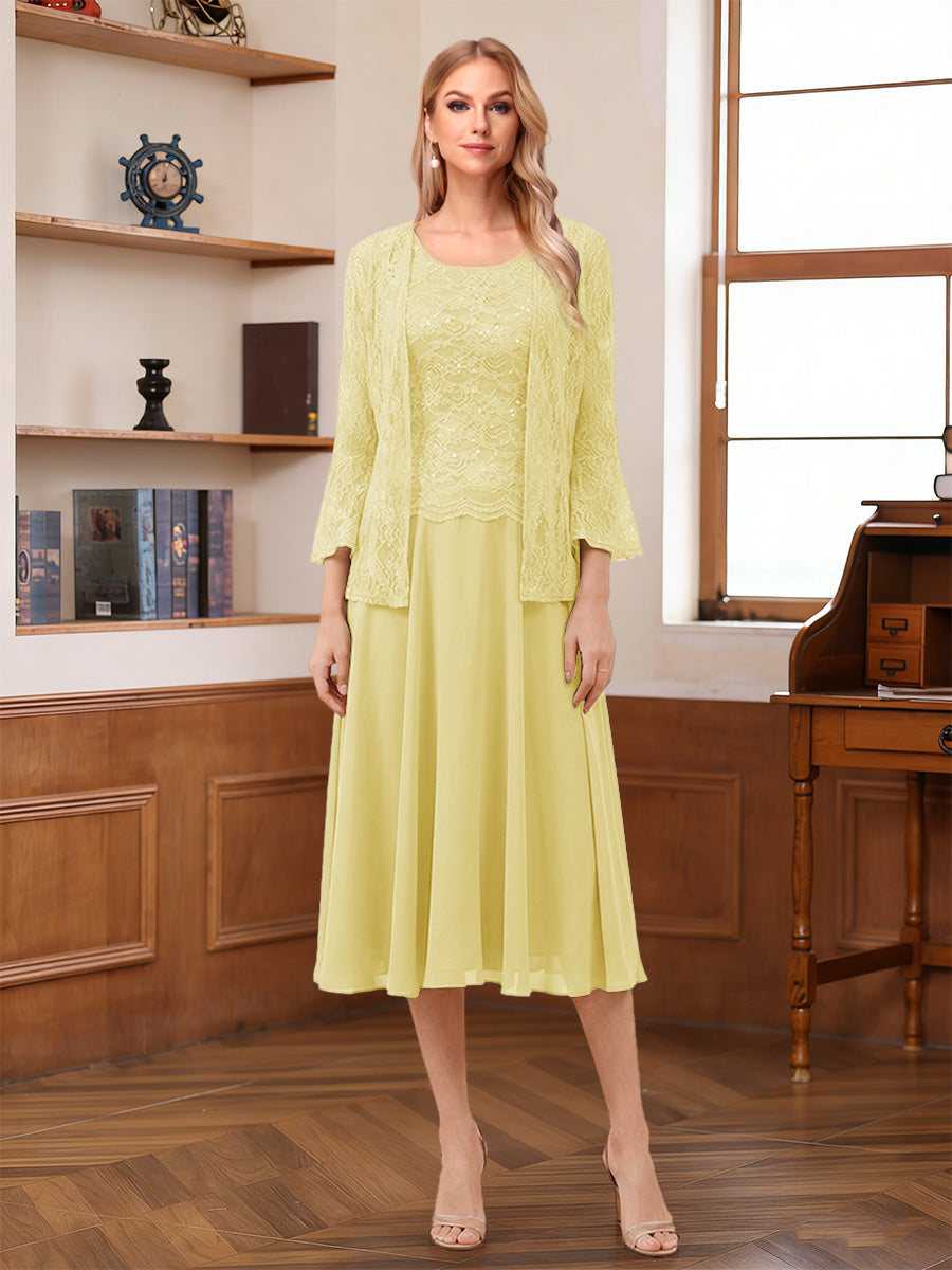 A-Line/Princess Scoop Sleeveless Tea-Length Mother of the Bride Dresses with Lace &amp; Jacket