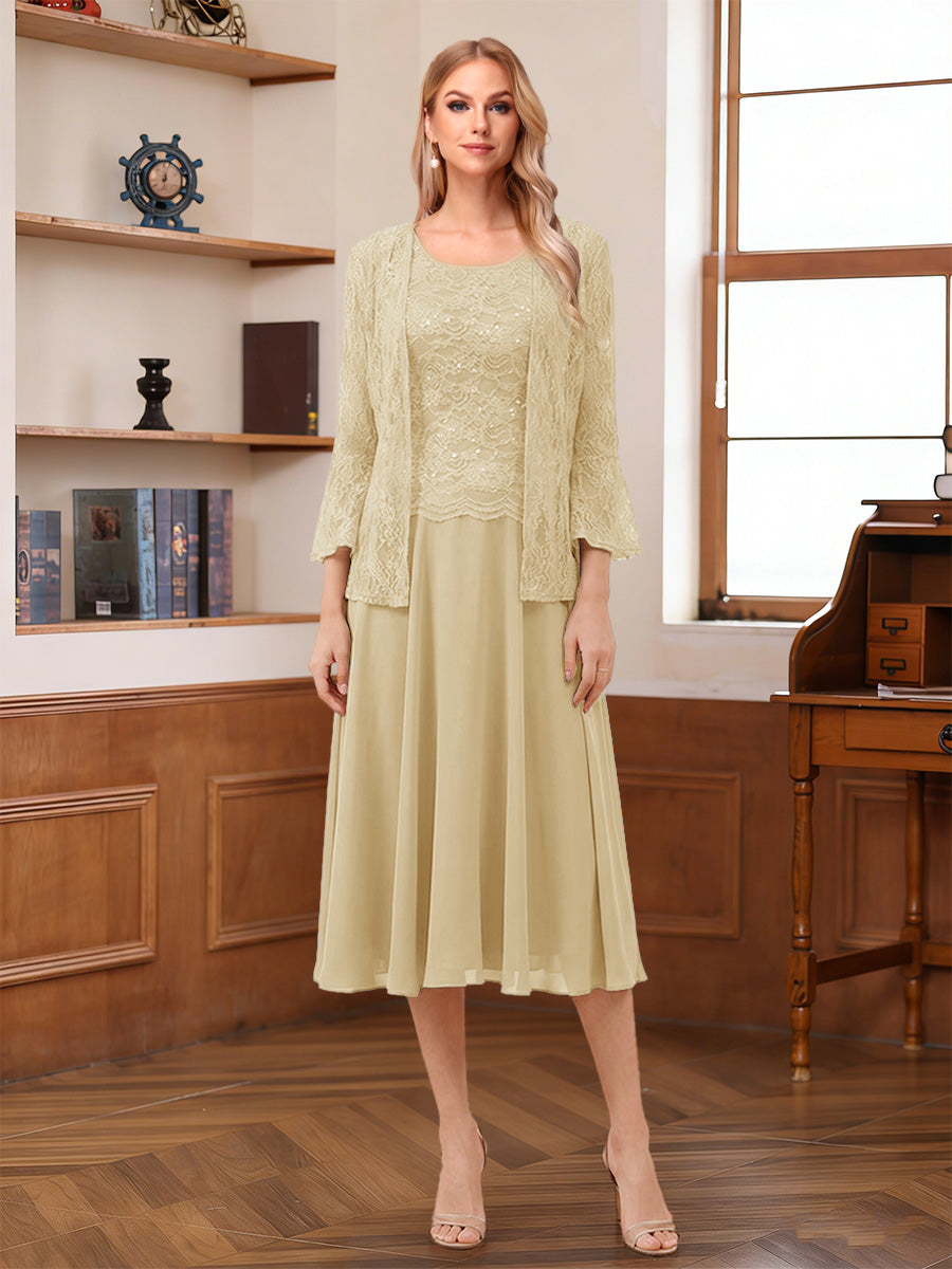 A-Line/Princess Scoop Sleeveless Tea-Length Mother of the Bride Dresses with Lace & Jacket