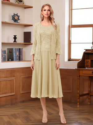 A-Line/Princess Scoop Sleeveless Tea-Length Mother of the Bride Dresses with Lace & Jacket