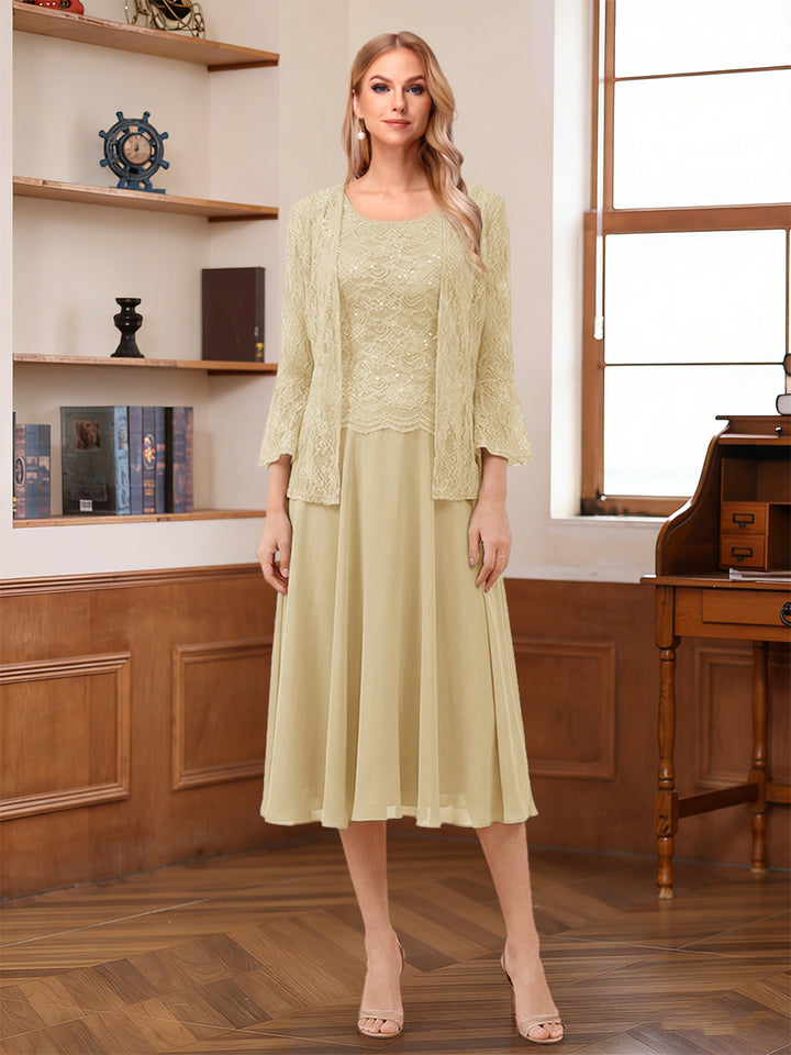 A-Line/Princess Scoop Sleeveless Tea-Length Mother of the Bride Dresses with Lace &amp; Jacket
