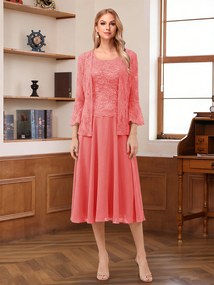 A-Line/Princess Scoop Sleeveless Tea-Length Mother of the Bride Dresses with Lace &amp; Jacket