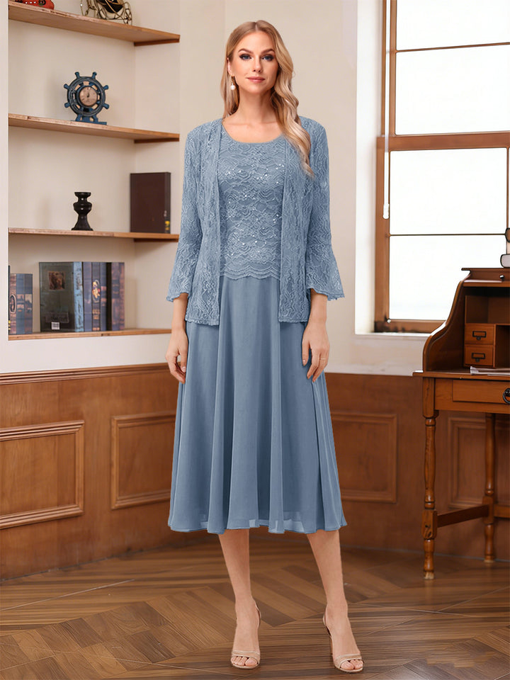 A-Line/Princess Scoop Sleeveless Tea-Length Mother of the Bride Dresses with Lace &amp; Jacket