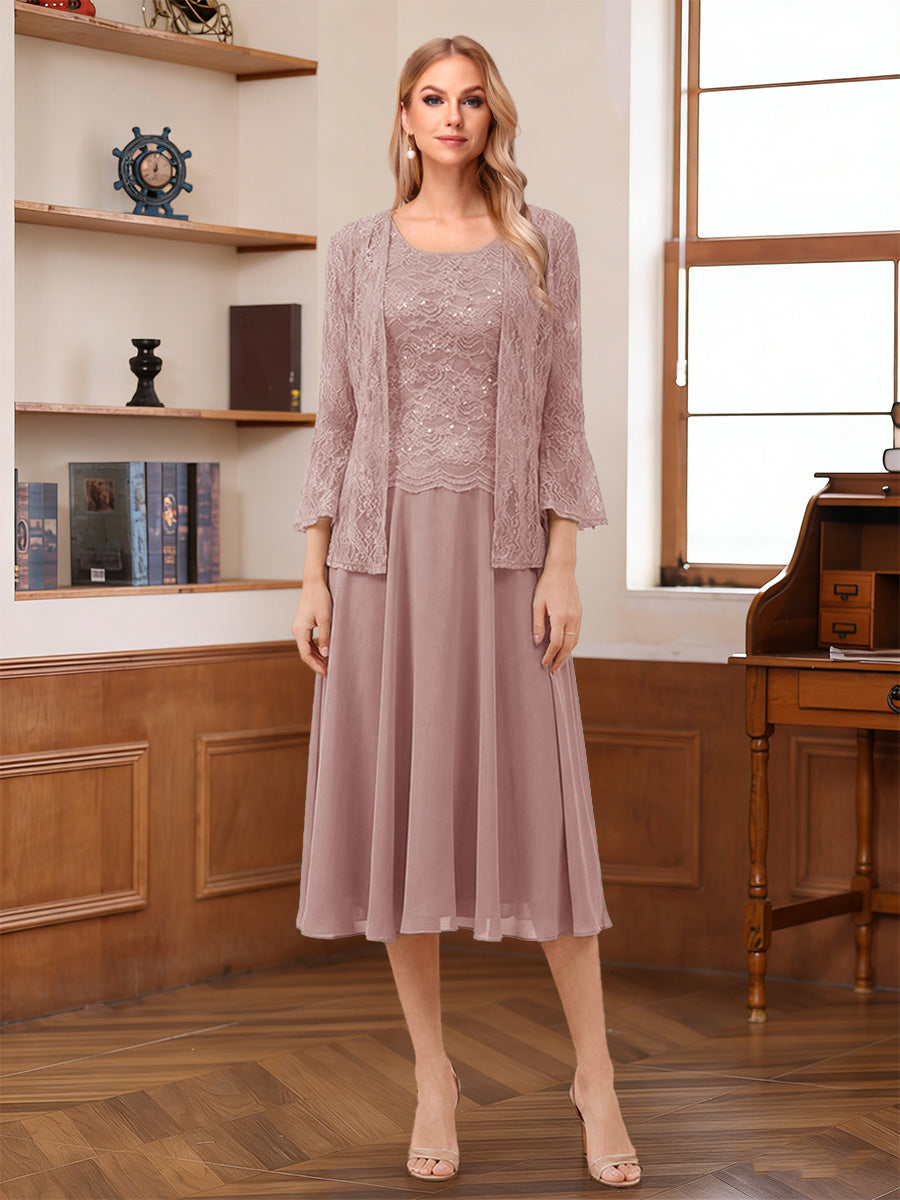 A-Line/Princess Scoop Sleeveless Tea-Length Mother of the Bride Dresses with Lace &amp; Jacket