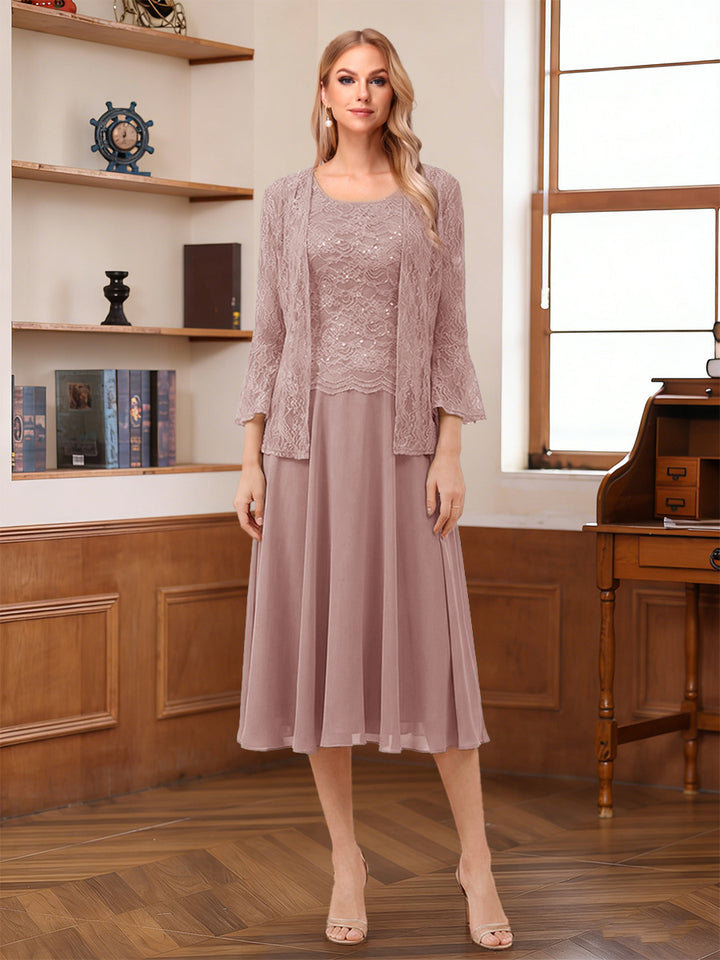 A-Line/Princess Scoop Sleeveless Tea-Length Mother of the Bride Dresses with Lace &amp; Jacket