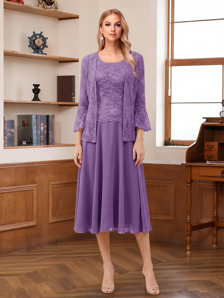 A-Line/Princess Scoop Sleeveless Tea-Length Mother of the Bride Dresses with Lace &amp; Jacket