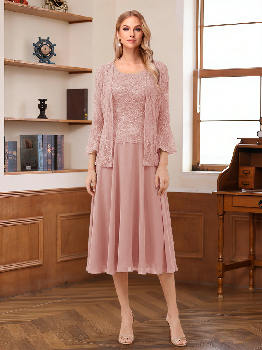 A-Line/Princess Scoop Sleeveless Tea-Length Mother of the Bride Dresses with Lace &amp; Jacket