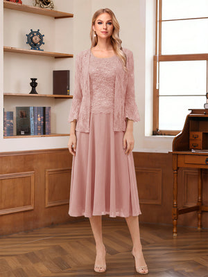 A-Line/Princess Scoop Sleeveless Tea-Length Mother of the Bride Dresses with Lace & Jacket