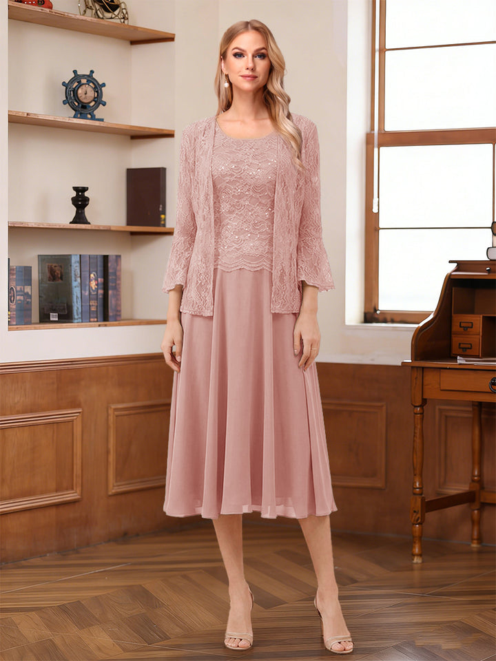 A-Line/Princess Scoop Sleeveless Tea-Length Mother of the Bride Dresses with Lace &amp; Jacket
