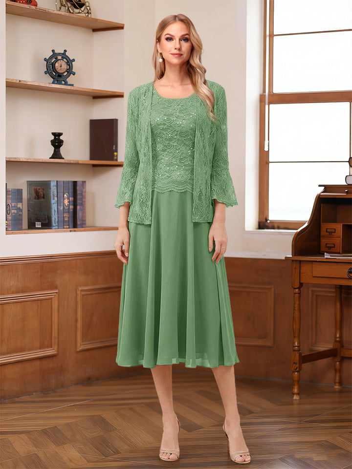 A-Line/Princess Scoop Sleeveless Tea-Length Mother of the Bride Dresses with Lace &amp; Jacket