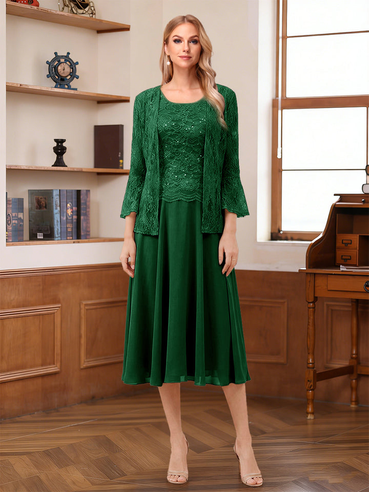 A-Line/Princess Scoop Sleeveless Tea-Length Mother of the Bride Dresses with Lace &amp; Jacket