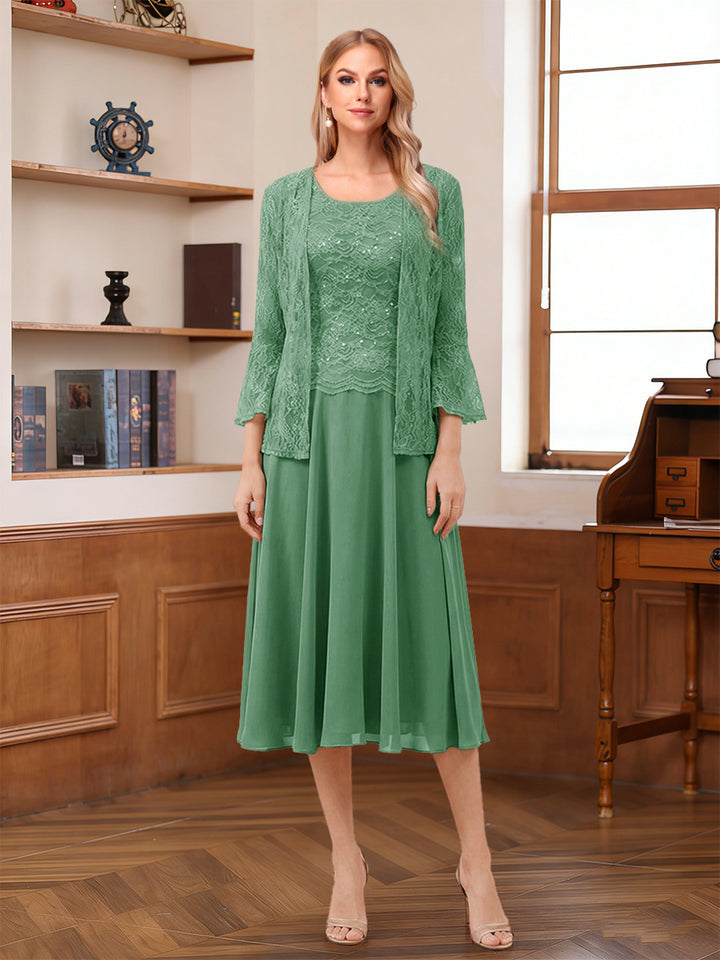 A-Line/Princess Scoop Sleeveless Tea-Length Mother of the Bride Dresses with Lace &amp; Jacket