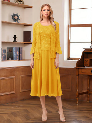 A-Line/Princess Scoop Sleeveless Tea-Length Mother of the Bride Dresses with Lace & Jacket
