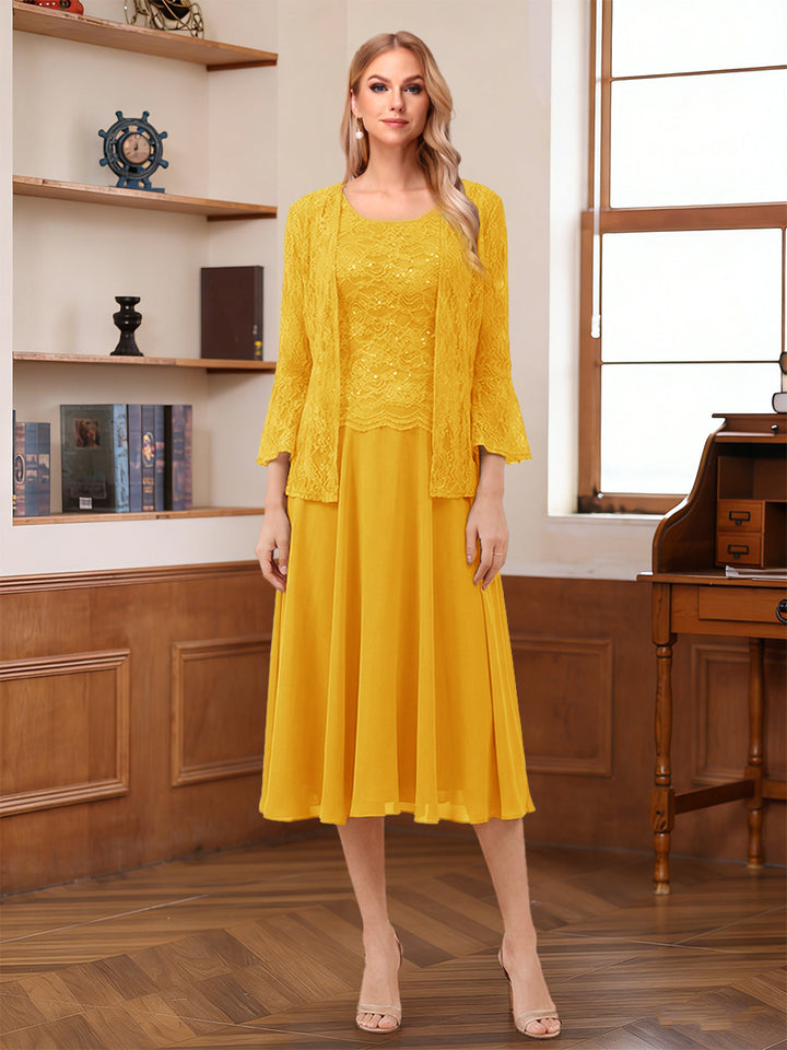 A-Line/Princess Scoop Sleeveless Tea-Length Mother of the Bride Dresses with Lace &amp; Jacket