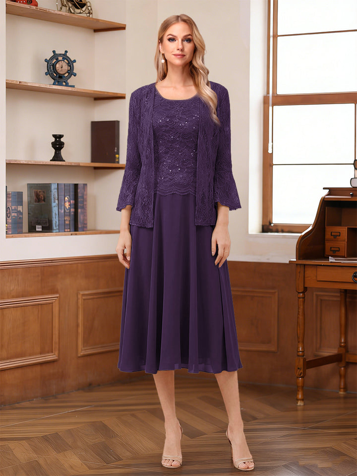 A-Line/Princess Scoop Sleeveless Tea-Length Mother of the Bride Dresses with Lace &amp; Jacket