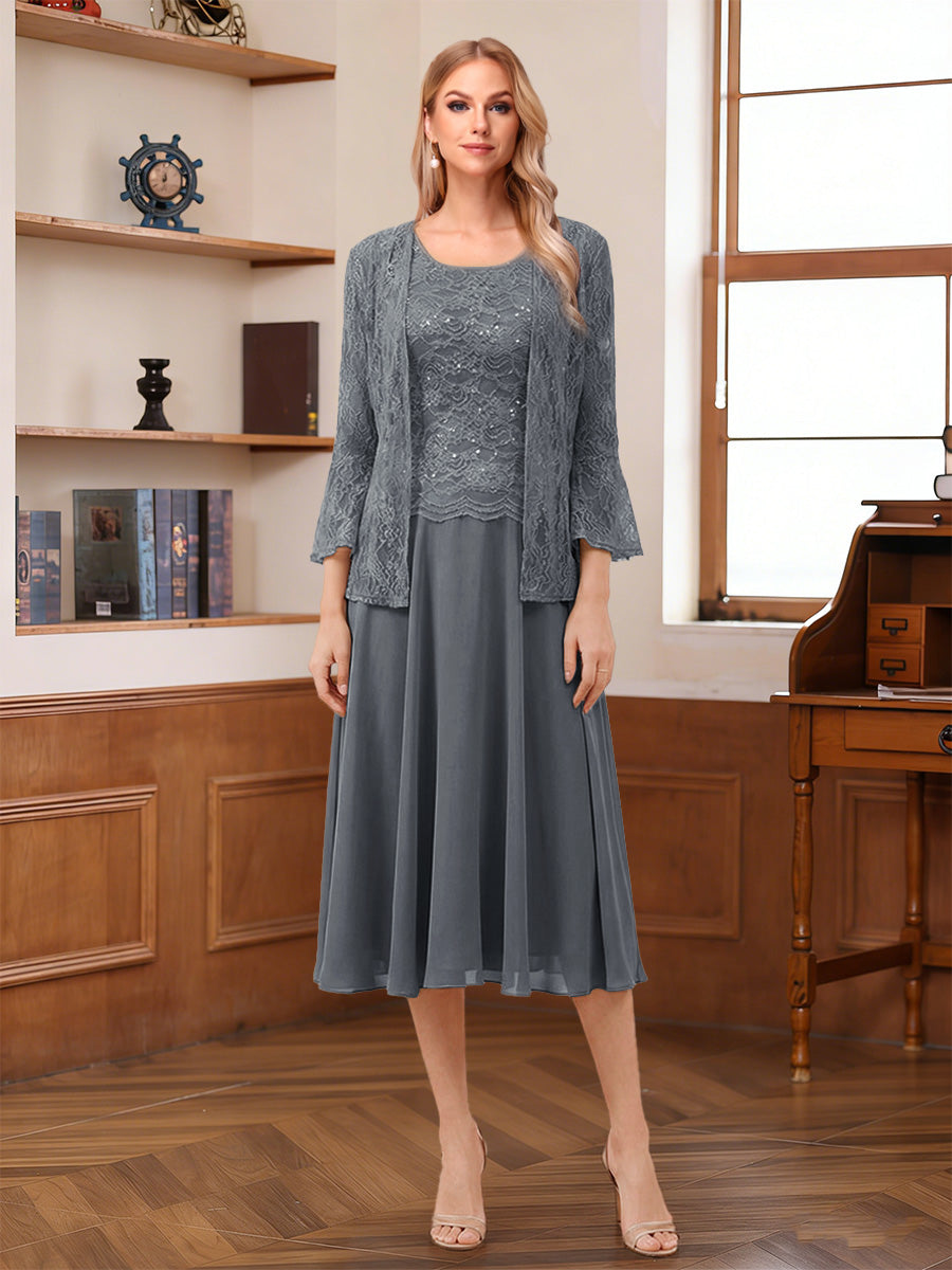 A-Line/Princess Scoop Sleeveless Tea-Length Mother of the Bride Dresses with Lace &amp; Jacket
