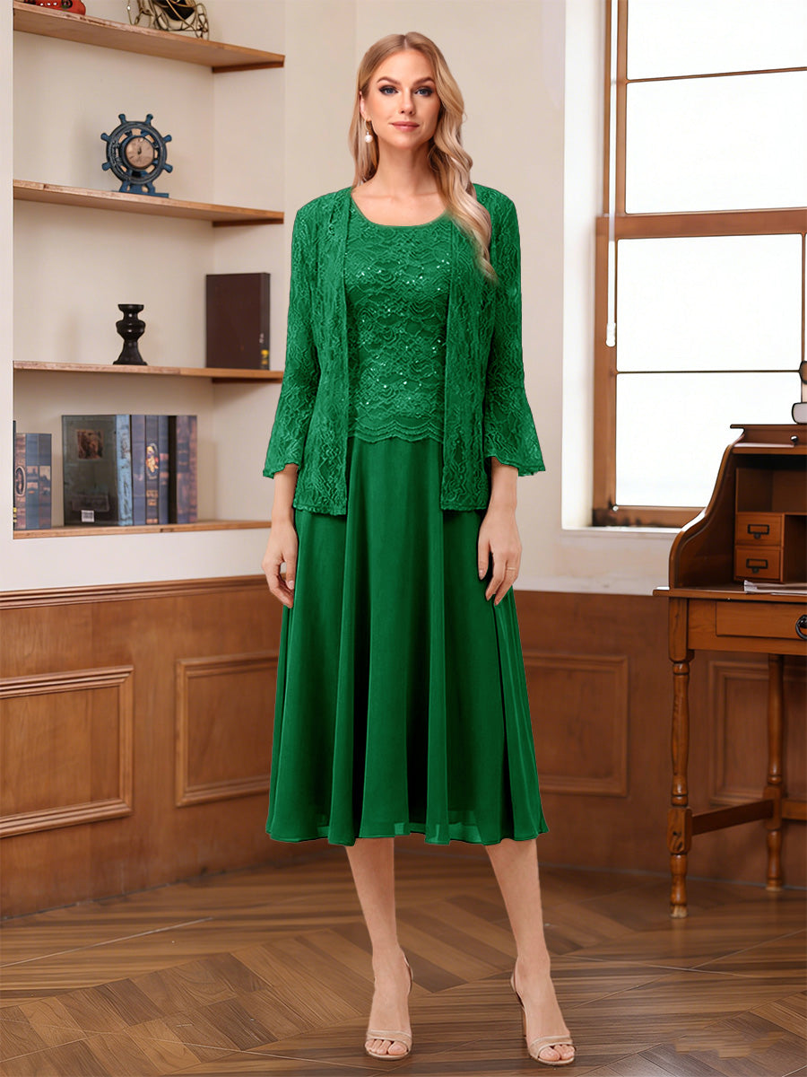 A-Line/Princess Scoop Sleeveless Tea-Length Mother of the Bride Dresses with Lace &amp; Jacket