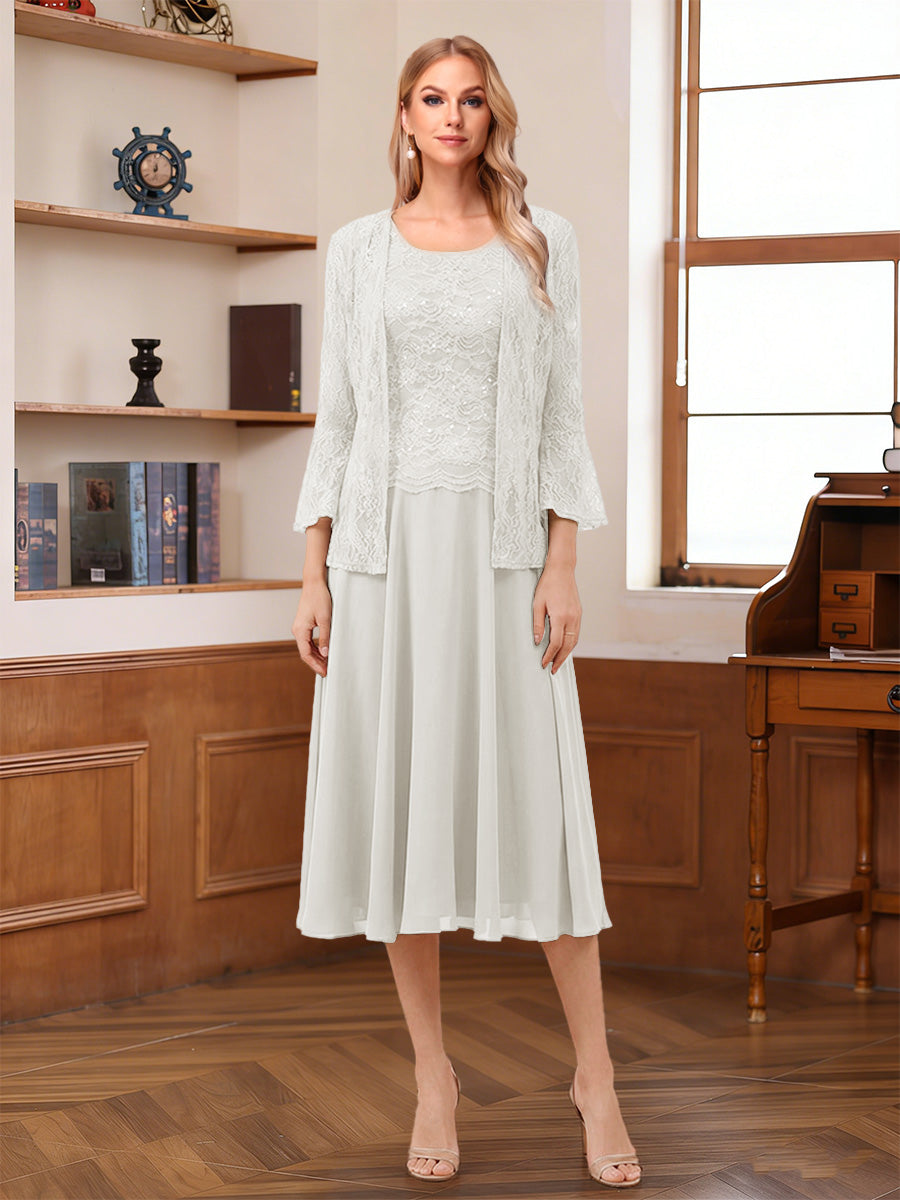 A-Line/Princess Scoop Sleeveless Tea-Length Mother of the Bride Dresses with Lace &amp; Jacket