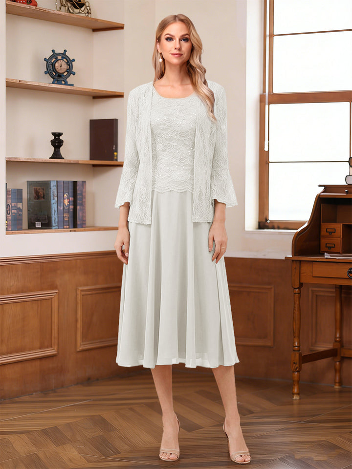 A-Line/Princess Scoop Sleeveless Tea-Length Mother of the Bride Dresses with Lace &amp; Jacket