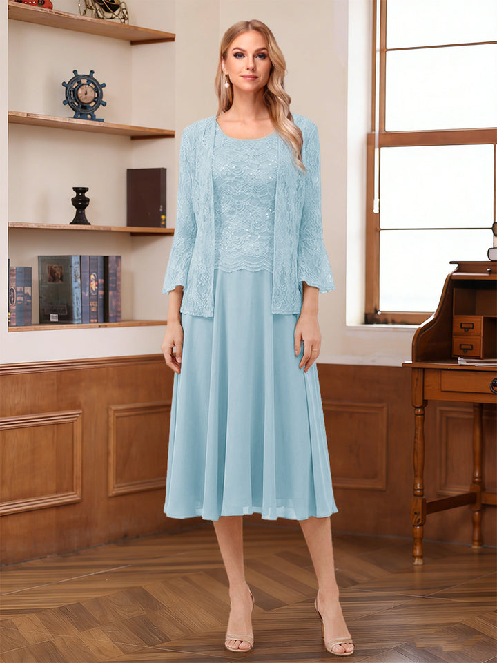 A-Line/Princess Scoop Sleeveless Tea-Length Mother of the Bride Dresses with Lace &amp; Jacket