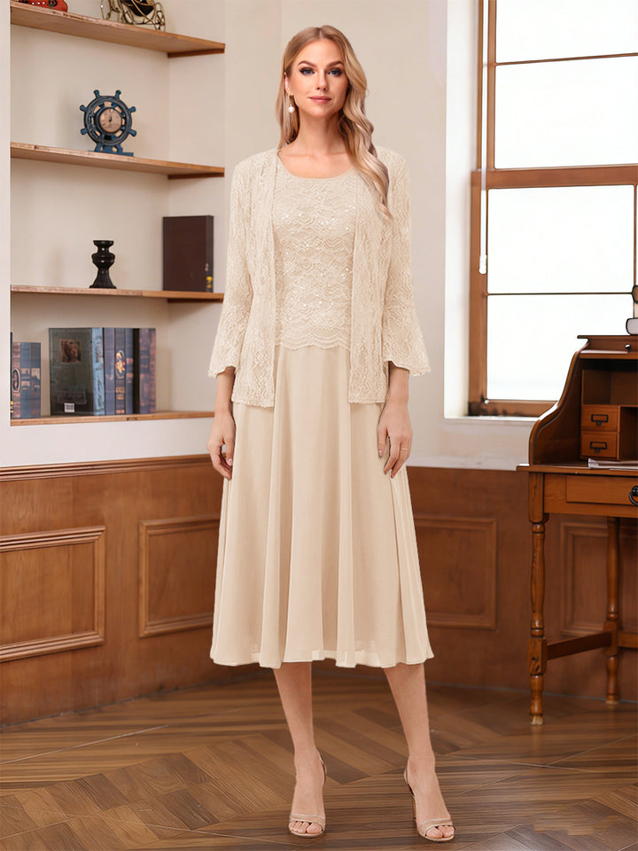 A-Line/Princess Scoop Sleeveless Tea-Length Mother of the Bride Dresses with Lace &amp; Jacket