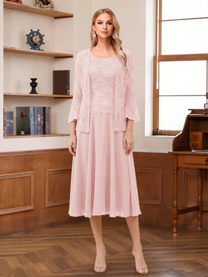 A-Line/Princess Scoop Sleeveless Tea-Length Mother of the Bride Dresses with Lace & Jacket
