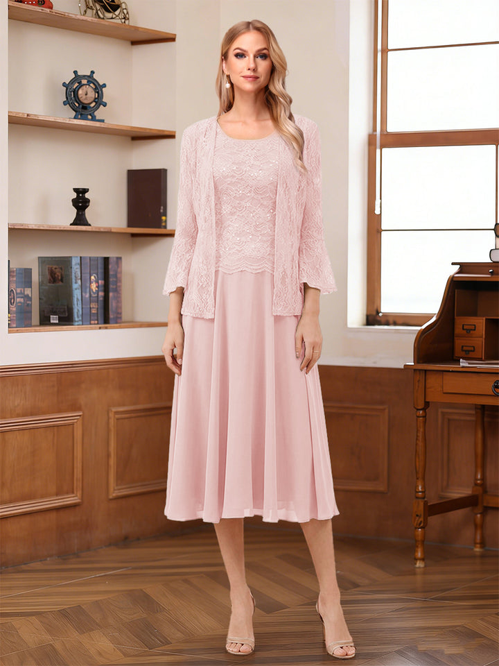 A-Line/Princess Scoop Sleeveless Tea-Length Mother of the Bride Dresses with Lace &amp; Jacket