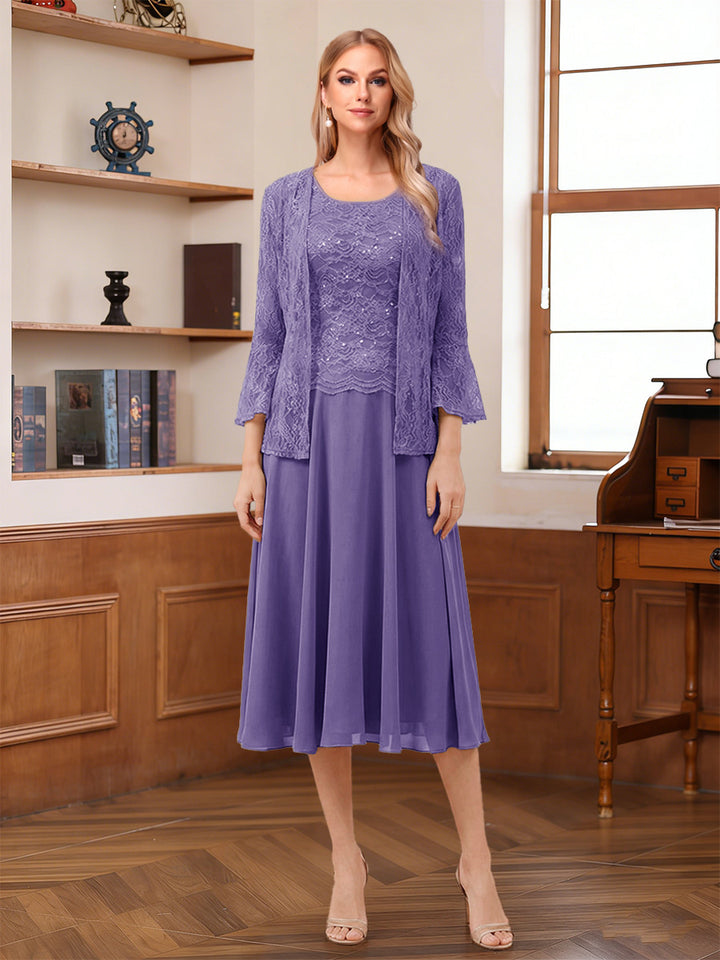 A-Line/Princess Scoop Sleeveless Tea-Length Mother of the Bride Dresses with Lace &amp; Jacket